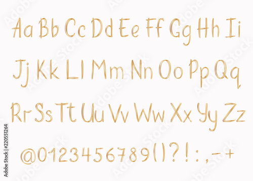 Golden alphabet in sketchy style. Vector handwritten pencil letters, numbers and punctuation marks. Gold pen handwriting font.