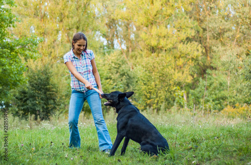 young teenage girl play with a shepherd dog in the park outdoor