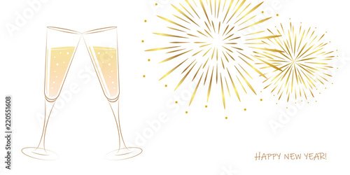 New Year golden fireworks and champagne glasses on a white background