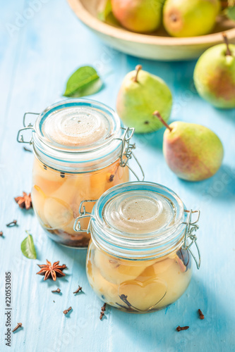 Natural and juicy pickled pears in summer