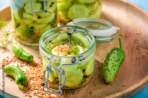 Natural and healthy pickled cucumber in the jar