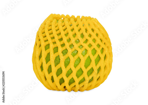 clipping path, fresh guava with yellow foam net packing for protect the fruits from damage during transportation, isolated on white background