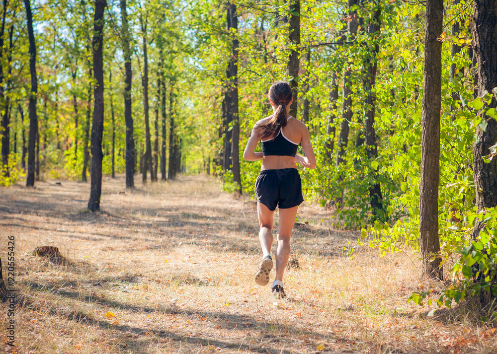 girl sportswoman running in the park with a dog girl sportswoman running in the park with a dog