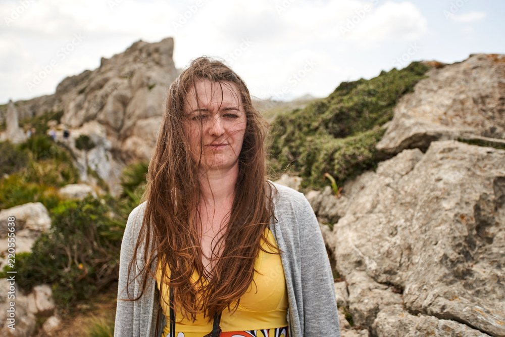 young woman portrait with Formentor Landscape, Mallorca, Balearic island, Spain