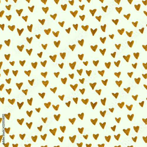 Hand Drawn golden hearts. Seamless mint pattern with gold hearts. Valentine's...