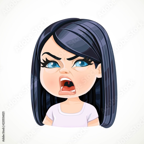 Beautiful angered cartoon brunette girl portrait isolated on white background