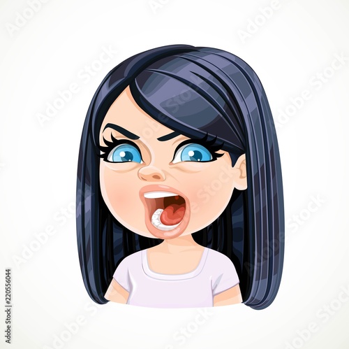 Beautiful angry aggressive cartoon brunette girl portrait isolated on white background