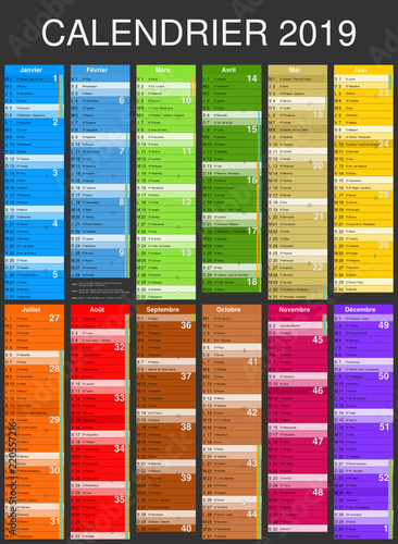 Calendrier 2019 avec vacances scolaires officielles entièrement modifiable via calques et texte arial
