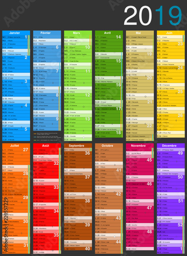Calendrier 2019 avec vacances scolaires officielles entièrement modifiable via calques et texte arial