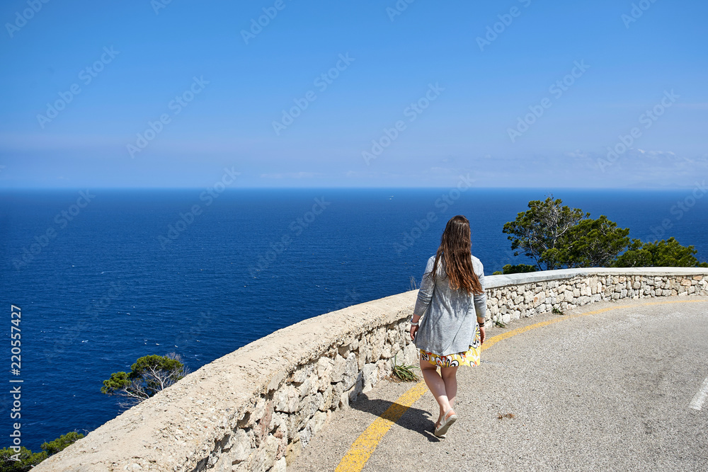 young woman portrait with Formentor Landscape, Mallorca, Balearic island, Spain