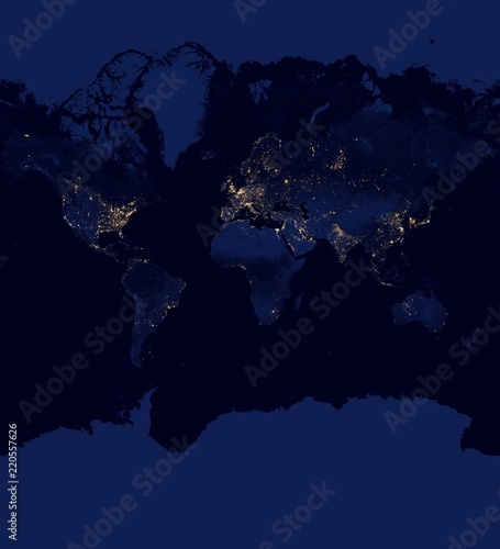Map of the world at night in Mercator projection - shaded relief, the map colors gradually blend into one another across regions and from lowlands to highlands - 3D rendering