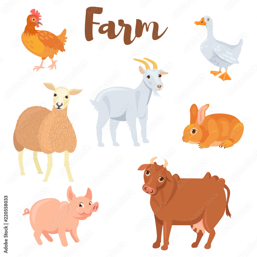 Farm animals set in flat style isolated on white background. ute animals collection. Vector illustration. Farm animals set in flat style isolated on white background. ute animals collection. Vector illustration.