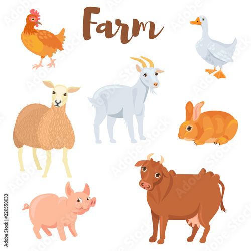 Farm animals set in flat style isolated on white background. ute animals collection. Vector illustration.