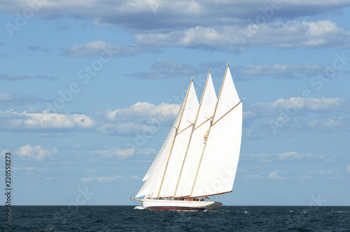 Obraz na plátně Authentic Three-Masted Schooner Windjammer Sailing on Maine Seacoast