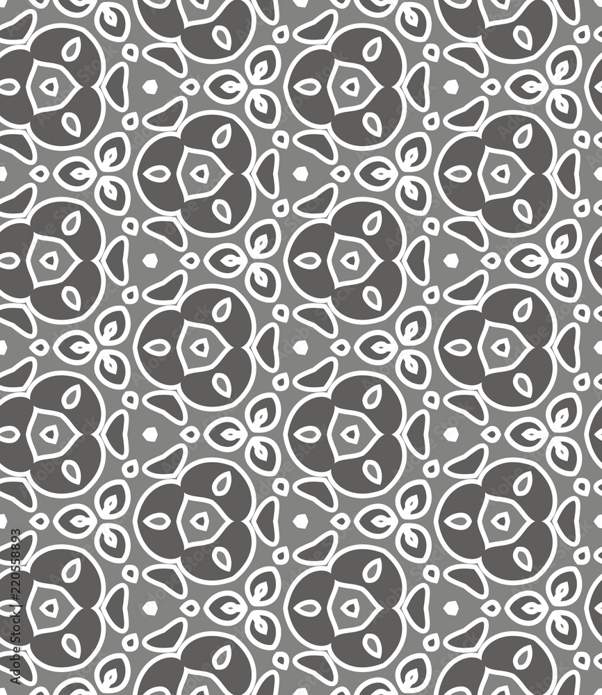 Grey seamless pattern. Fabric print. Seamless background, mosaic ornament, ethnic style. Grey seamless pattern. Fabric print. Seamless background, mosaic ornament, ethnic style.