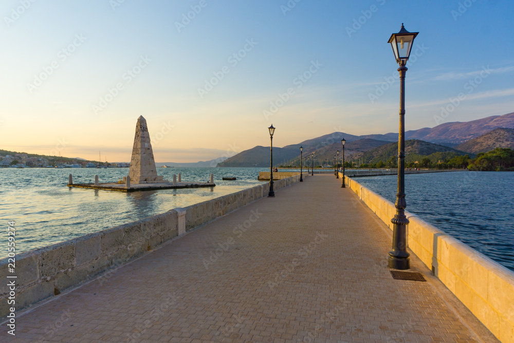 View of the obelisk and the de Bosset bridge in Argostoli, Kefalonia, Greece