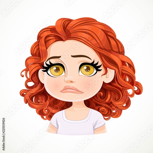 Beautiful upset sad cartoon brunette girl with dark red hair portrait isolated on white background