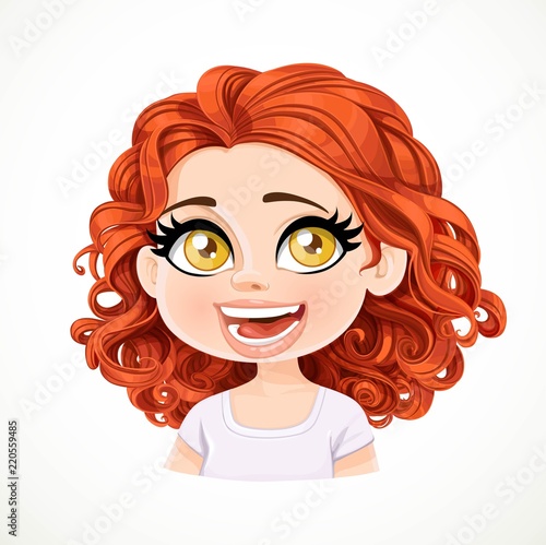 Beautiful touched cartoon brunette girl with dark red hair portrait isolated on white background