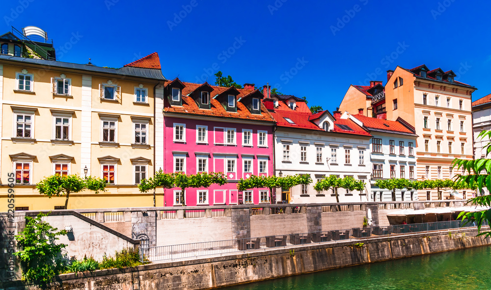 View on colorful historic buildings in the old town of Ljubljana - Slovenia