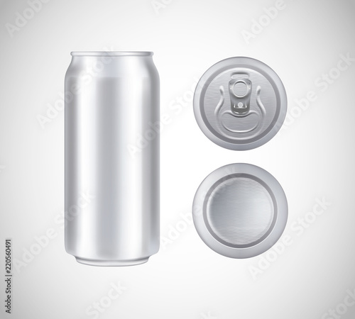 Metal can top, front, bottom view. Can vector visual 500 ml. For beer, lager, alcohol, soft drinks, soda advertising.