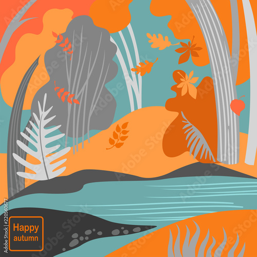 Vector illustration of autumn forest. Nature landscape with red and yellow trees.