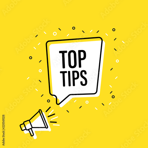 Male hand holding megaphone with Top Tips speech bubble. Loudspeaker. Banner for business, marketing and advertising. Vector illustration.