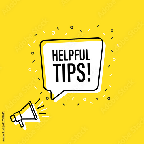 Male hand holding megaphone with Helpful Tips speech bubble. Loudspeaker. Banner for business, marketing and advertising. Vector illustration