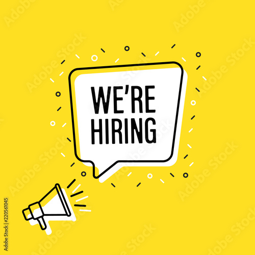 Male hand holding megaphone with we're hiring speech bubble. Loudspeaker. Banner for business, marketing and advertising. Vector illustration.