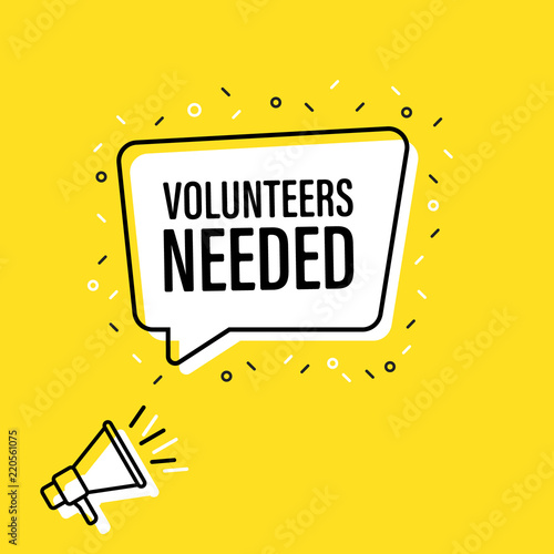 Male hand holding megaphone with volunteers needed speech bubble. Loudspeaker. Banner for business, marketing and advertising. Vector illustration photo