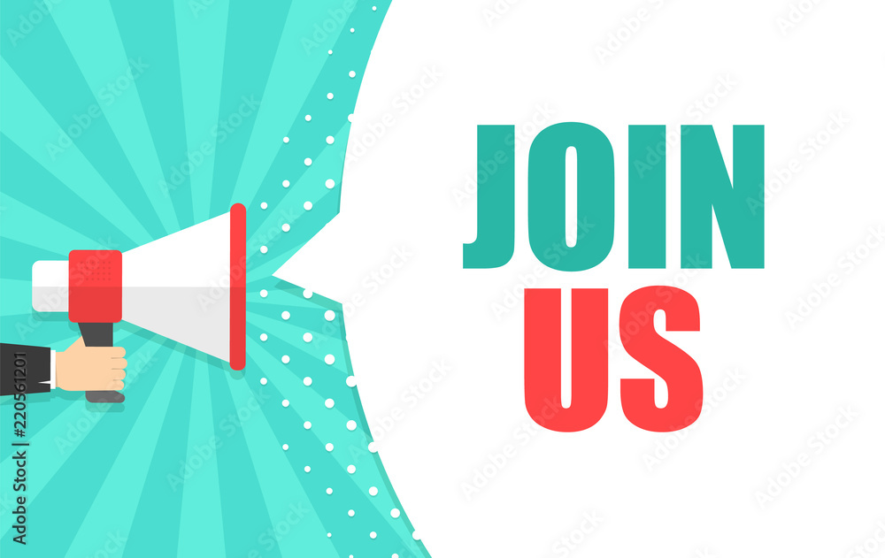 Male hand holding megaphone with Join us speech bubble. Loudspeaker. Banner for business, marketing and advertising. Vector illustration. Male hand holding megaphone with Join us speech bubble. Loudspeaker. Banner for business, marketing and advertising. Vector illustration.