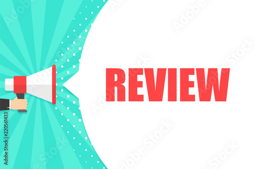 Male hand holding megaphone with review speech bubble. Loudspeaker. Banner for business, marketing and advertising. Vector illustration.