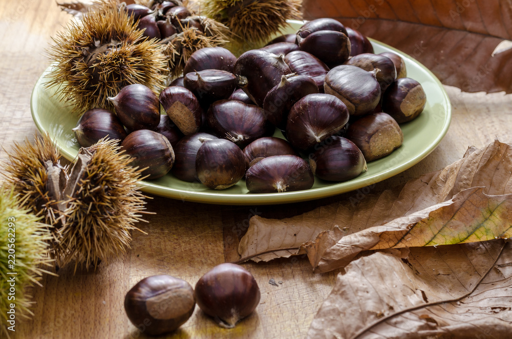 chestnuts and autumn feeling, a green dish full of chestnuts. a break in autumn feeling chestnuts and autumn feeling, a green dish full of chestnuts. a break in autumn feeling