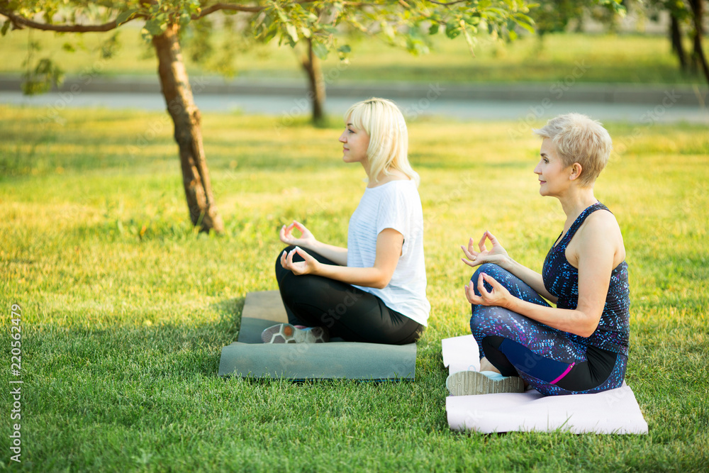 two adult women aged yoga outdoors in summer in the park