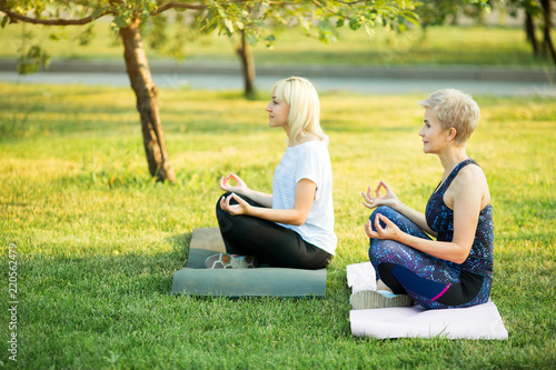 two adult women aged yoga outdoors in summer in the park © Alexandr
