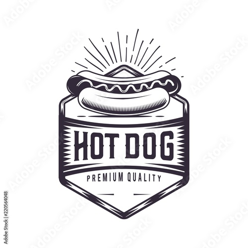 Retro Hot Dog joint. Vintage fast food illustration. Logo wiener  design. 