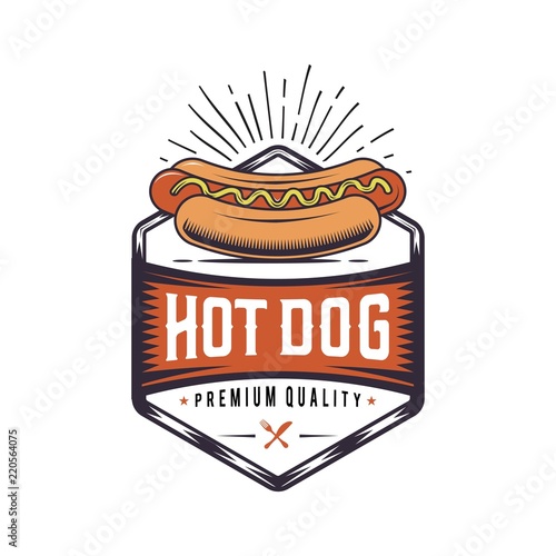 Retro Hot Dog joint. Vintage fast food illustration. Logo wiener  design. 