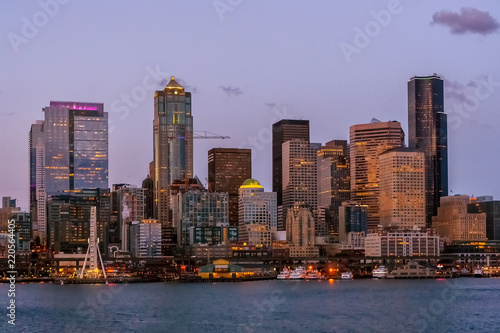 Seattle Skyline by night from the Elliot Bay  Puget Sound  Washington state  USA.