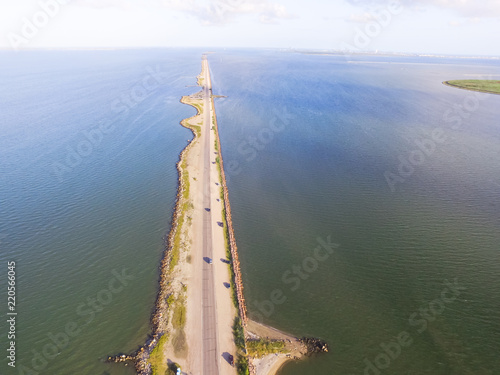 Aerial view famous Texas City Dike, a levee that projects nearly 5miles south-east into mouth of Galveston Bay. It was designed to reduce the impact of sediment accumulation along the lower Bay