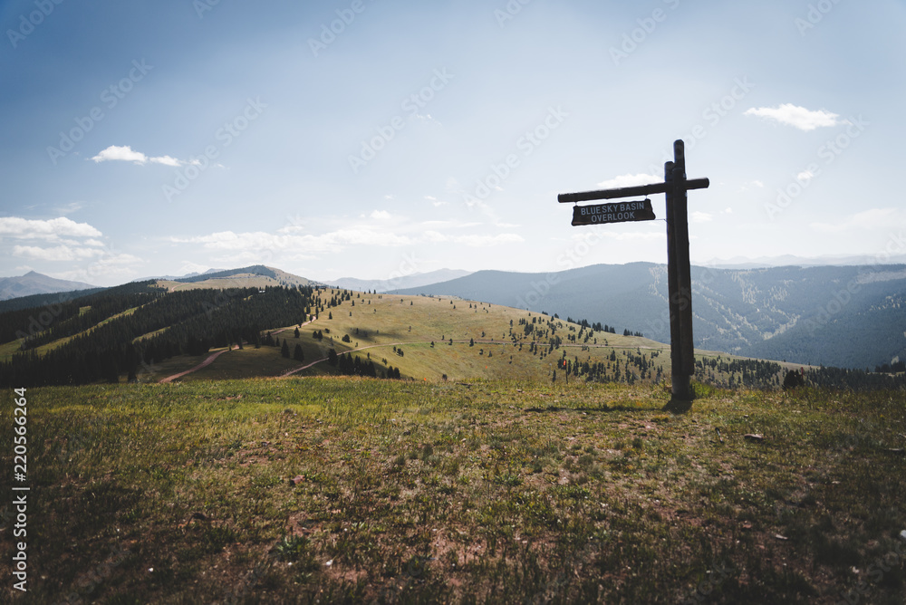 Blue Sky Basin Overlook sign on top of Vail Mountain, Colorado in the summer. Blue Sky Basin Overlook sign on top of Vail Mountain, Colorado in the summer.