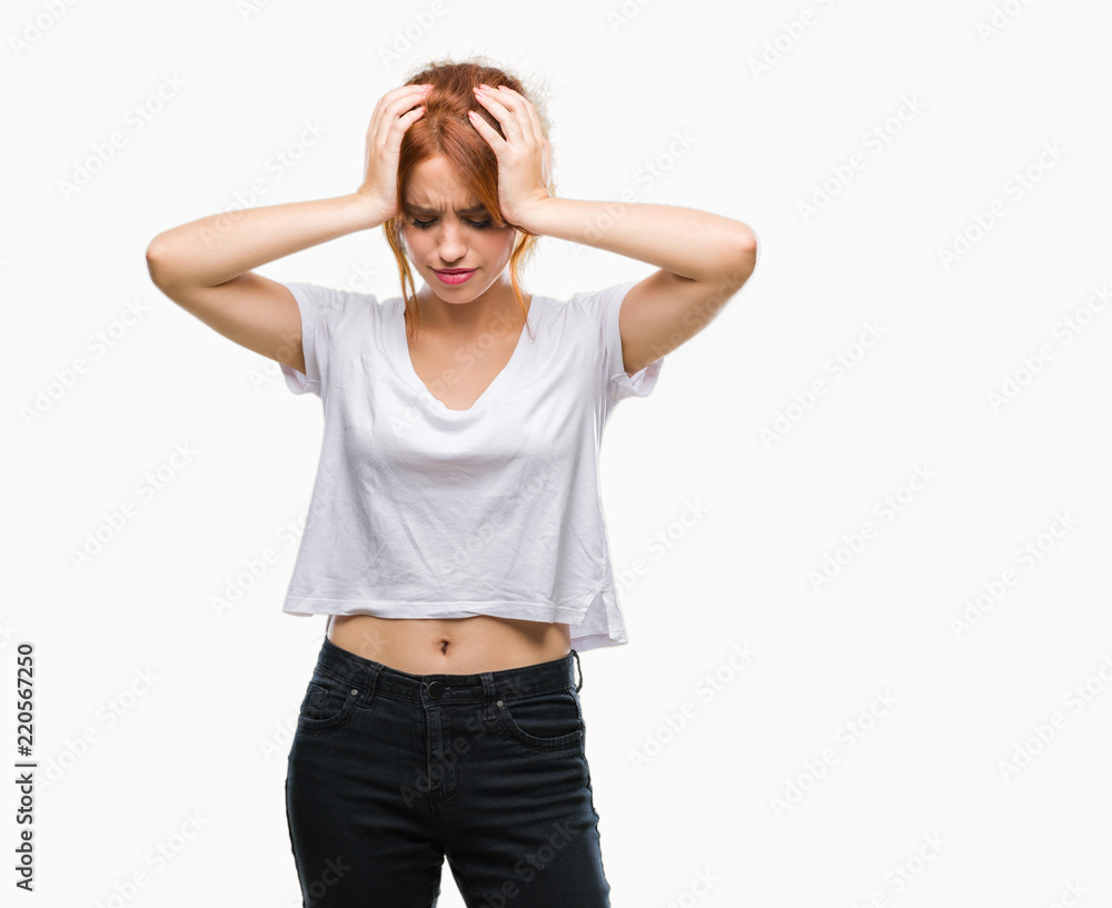 Young beautiful woman over isolated background suffering from headache desperate and stressed because pain and migraine. Hands on head. Young beautiful woman over isolated background suffering from headache desperate and stressed because pain and migraine. Hands on head.