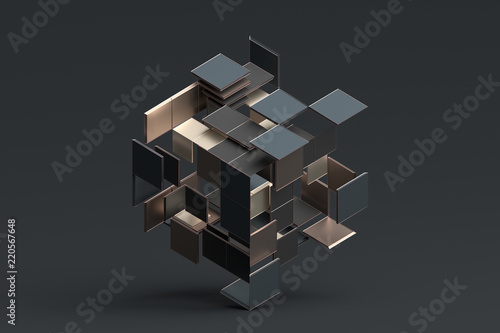 Naklejka Abstrakcjonistyczny 3d rendering geometryczni kształty. Kompozycja z kwadratów. Konstrukcja kostki. Nowoczesne tło na plakat, okładka, marki, baner, afisz.