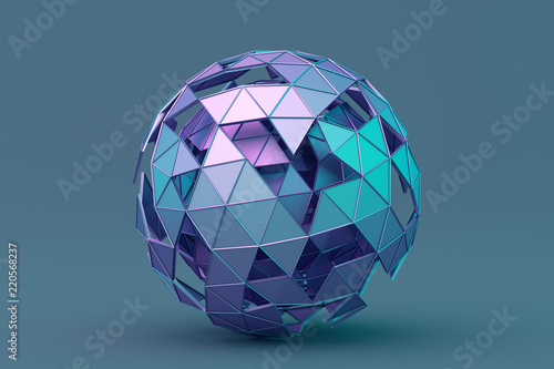 Abstract 3d rendering of polygonal sphere. Geometric shape, futuristic modern background design for poster, cover, branding, banner, placard. photo
