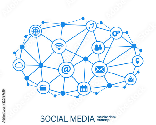Social media connection concept. Abstract background with integrated circles and icons for digital, internet, network, connect, communicate, technology, global concepts. Vector infograp illustration. photo