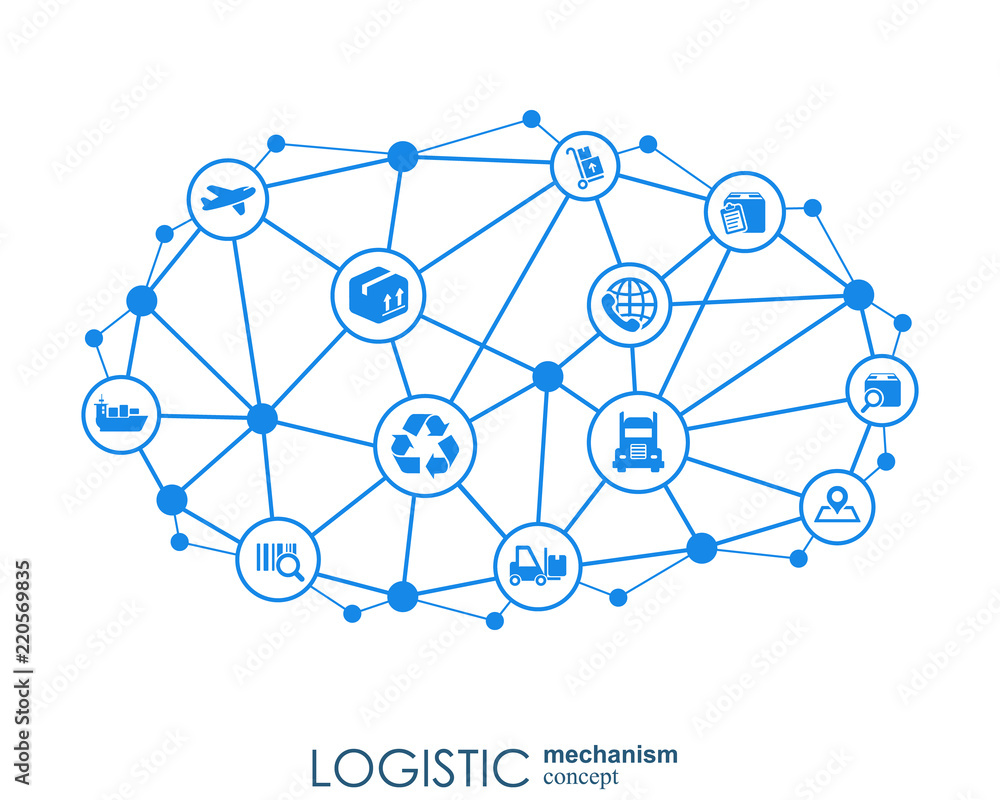 LOGISTIC mechanism concept. distribution, delivery, service, shipping, logistic, transport, market concepts. Abstract background with connected objects. Vector illustration. LOGISTIC mechanism concept. distribution, delivery, service, shipping, logistic, transport, market concepts. Abstract background with connected objects. Vector illustration.