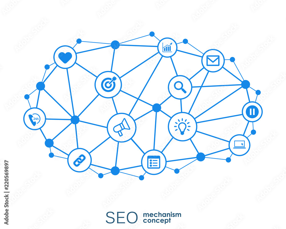 SEO mechanism concept. Abstract background with integrated gears and icons for strategy, digital, internet, network, connect, analytics, social media and global concepts. SEO mechanism concept. Abstract background with integrated gears and icons for strategy, digital, internet, network, connect, analytics, social media and global concepts.