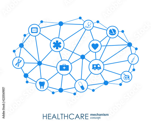 Healthcare mechanism concept. Abstract background with connected gears and icons for medical, health, strategy, care, medicine, network, social media and global concepts. Vector infographic.