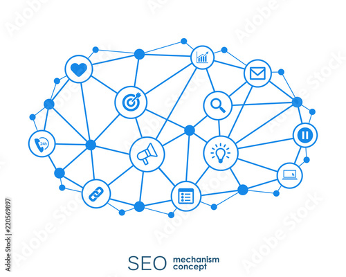 SEO mechanism concept. Abstract background with integrated gears and icons for strategy, digital, internet, network, connect, analytics, social media and global concepts.