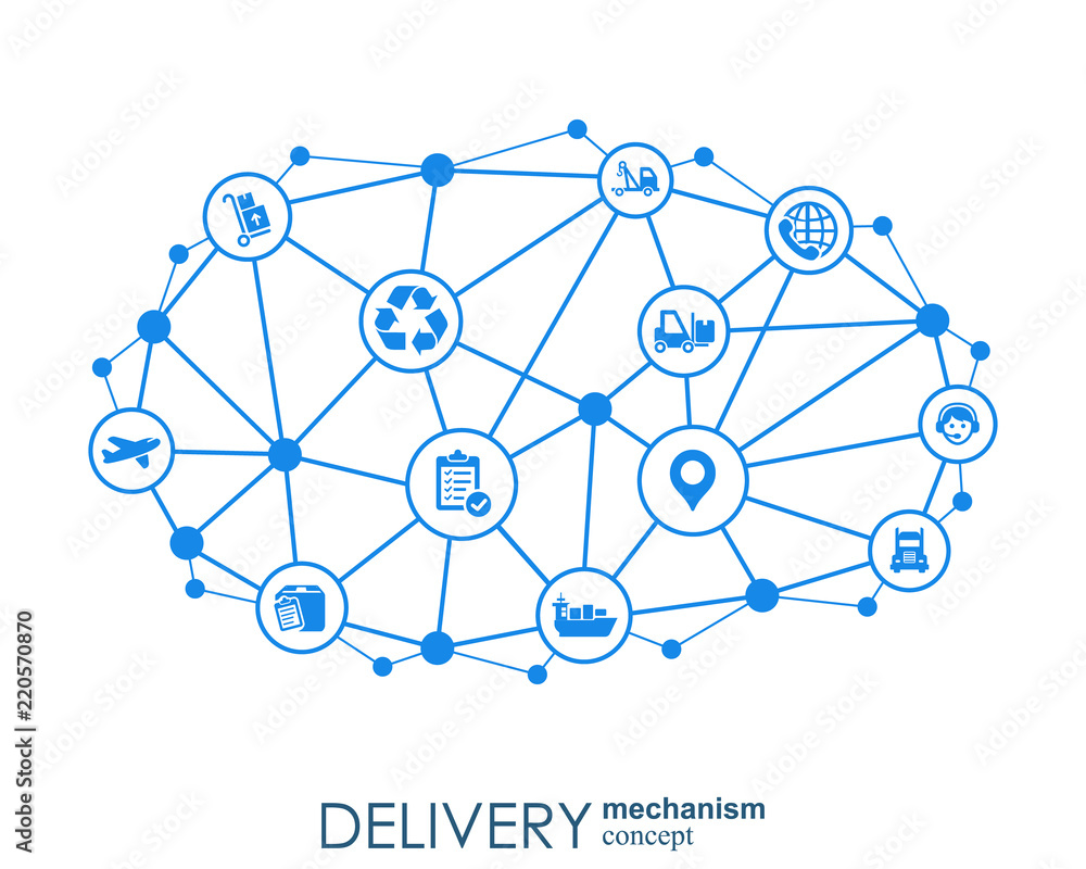 Delivery mechanism concept. Abstract background with connected gears and icons for logistic, service, strategy, shipping, distribution, transport, market, communicate concepts. Vector interactive. Delivery mechanism concept. Abstract background with connected gears and icons for logistic, service, strategy, shipping, distribution, transport, market, communicate concepts. Vector interactive.