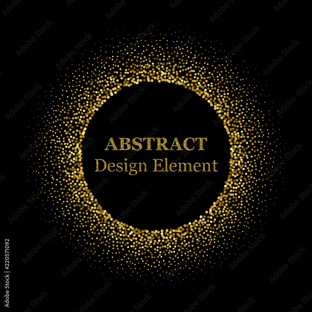 Stippling abstract dotted frame for your design. Sparkling effect vector. Golden dots bound the black background. Vector abstract gold glitter design element.