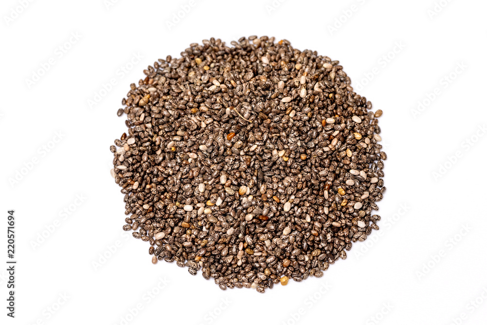 Macro image of chia superfood seeds pile isolated at white background. Macro image of chia superfood seeds pile isolated at white background.